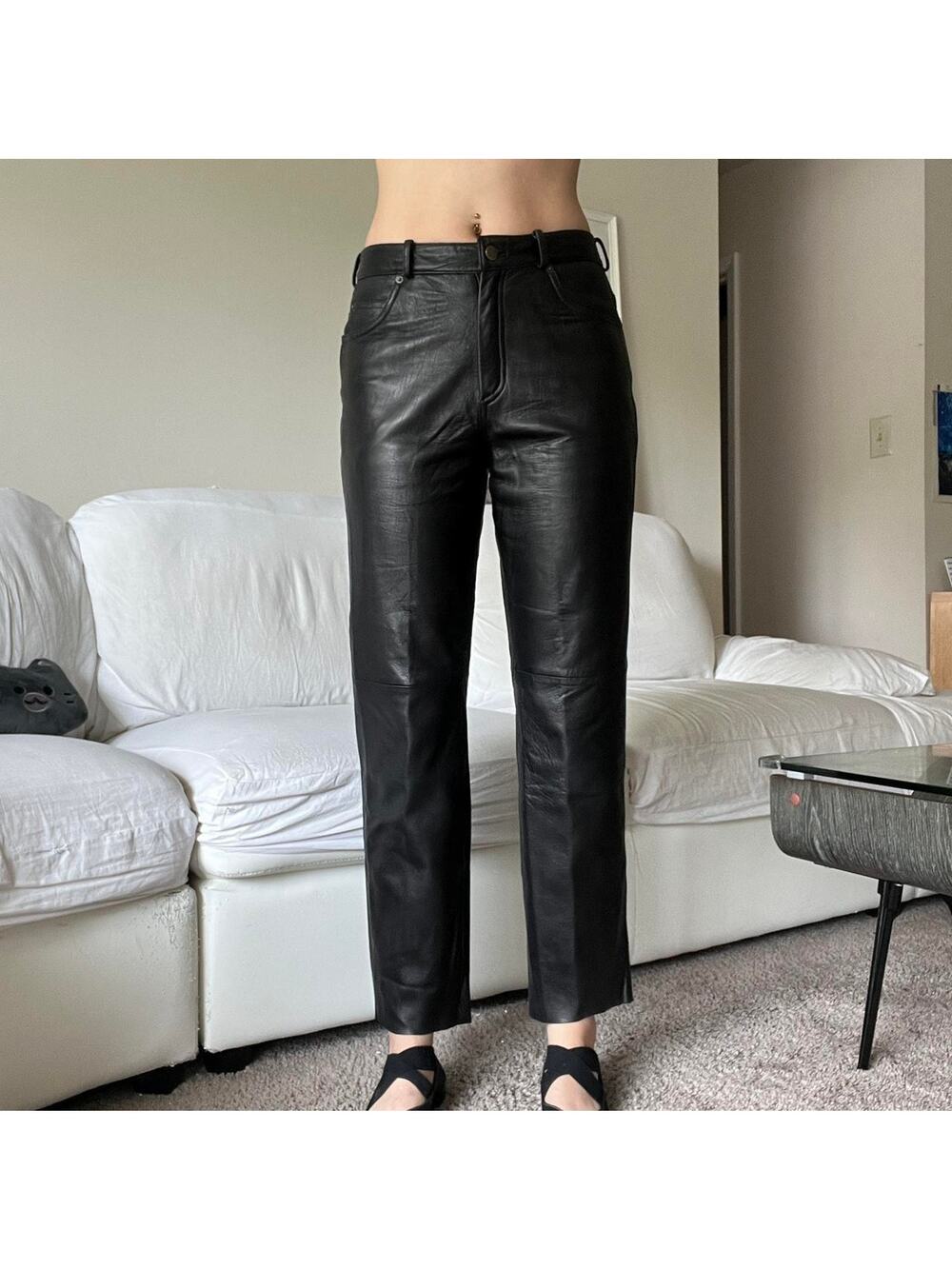 Black 100$ leather straight leg pants 5 pocket front and belt loops